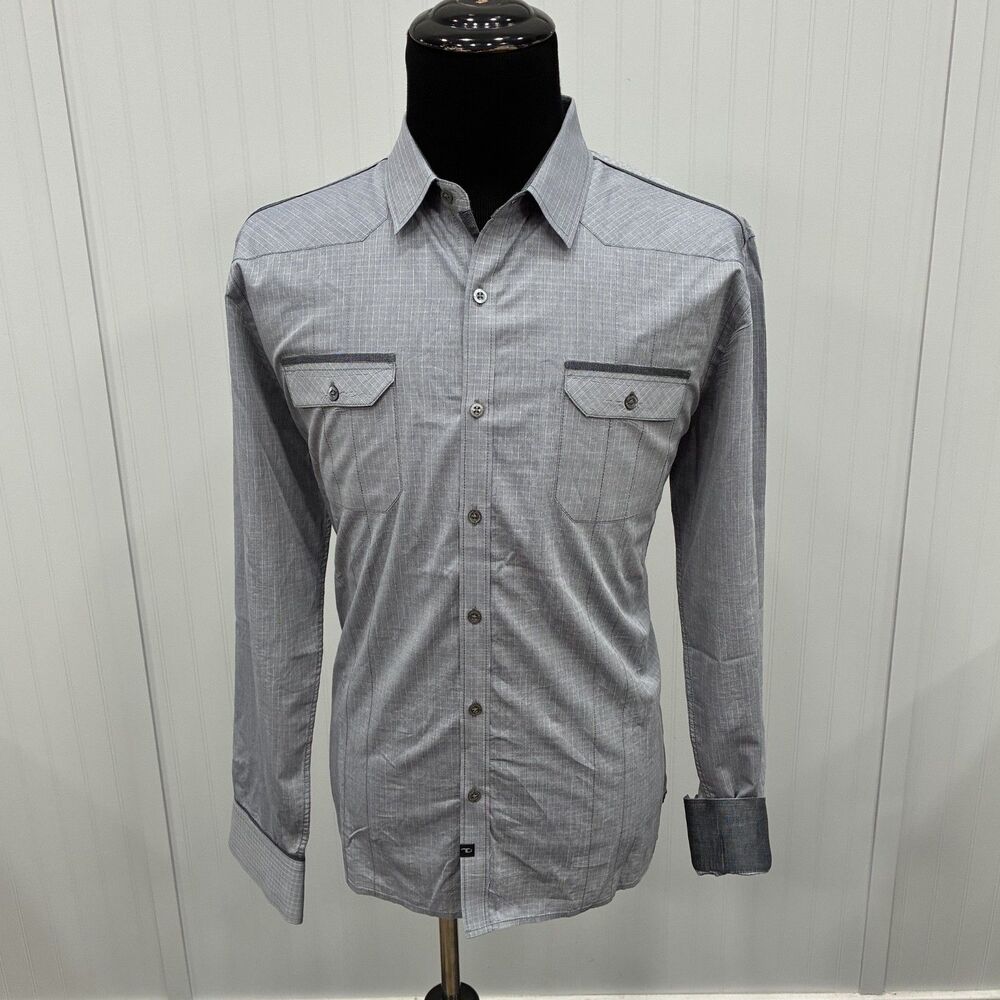 7 Diamonds Men's XXL Gray Striped Contrast Cuff Slim Fit Button-Front Shirt
